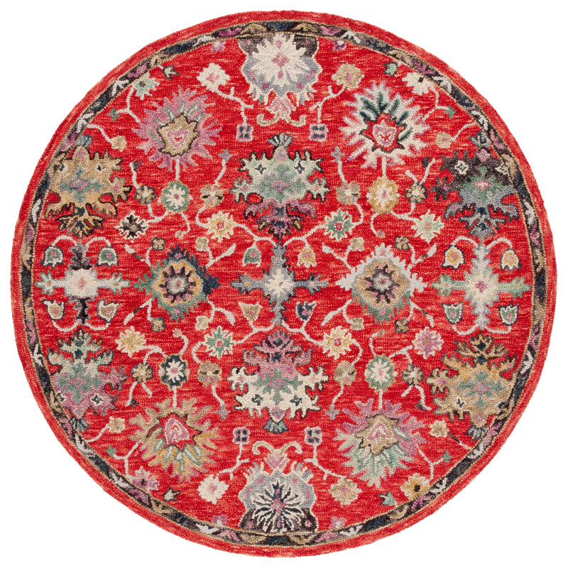 Dassie Tufted Wool/Cotton Performance Floral Rug in Ivory/Red, Round 6'