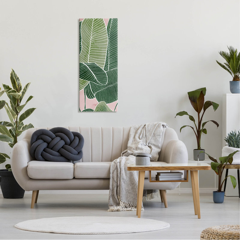 Pink and Green Tropical Leaves Wrapped Canvas Wall Art