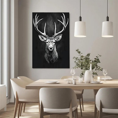 Art mural sur toile encadré en 2 dimensions, 1 tête de cerf avec d'énormes bois, impression sur toile de style réalisme noir et blanc