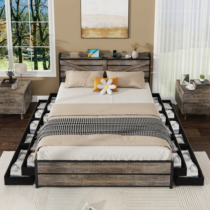 Bed Frame with Storage Headboard and 12 Drawers LED Lights, Queen