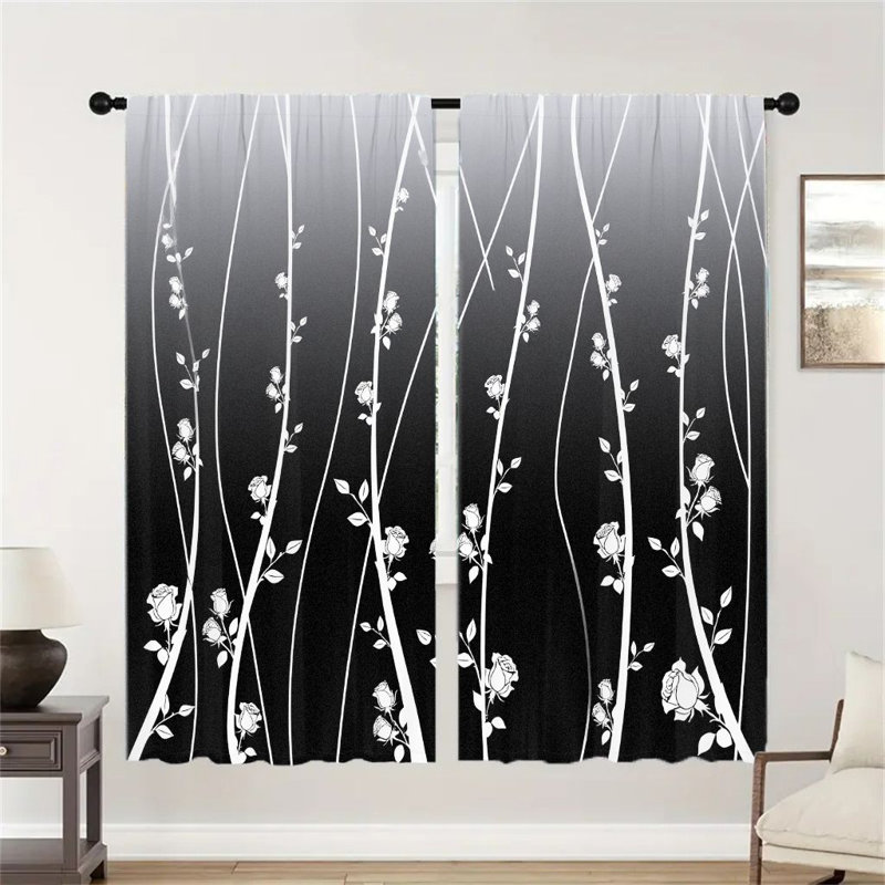 2Pcs Ombre Curtains, Rose Floral Pattern Rod Pocket Window Drapes, Light Filtering Gradient Treatments for Living Room Bedroom Kitchen, Privacy Enhancing Panels, Elegant Home Decor