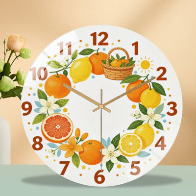 Horloge murale silencieuse en verre trempé de 30 cm, « Couronne d'agrumes », sans tic-tac, fonctionne avec des piles AA (non incluses), décoration artistique pour la maison