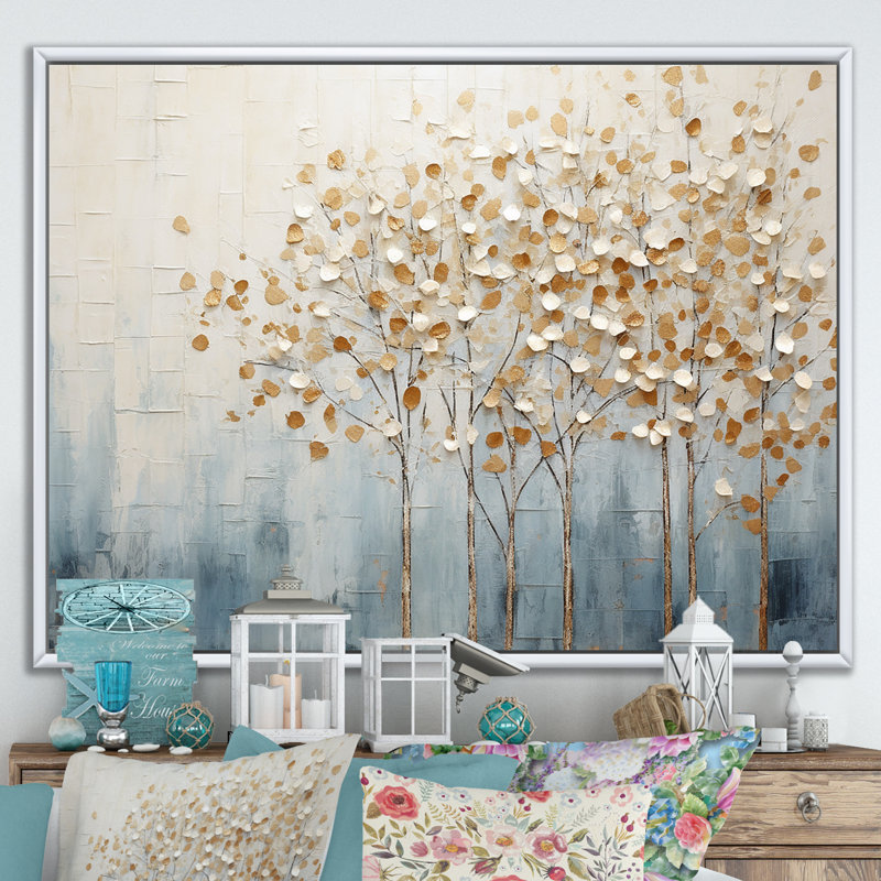 Harmonie d'arbres dorés et bleus V - Arbres, reproductions encadrées, Cadre flottant blanc, H 24 po x l 32 po x P 1 po