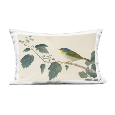 Blue Bird and Leaves Outdoor Printed Pillow, design by Petal Prints Design