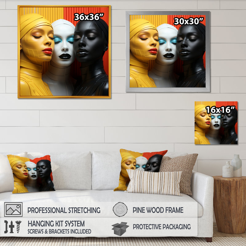 Trois déesses de l'unité universelle sur toile, Cadre simple blanc, H 36 po x l 36 po x P 1,5 po
