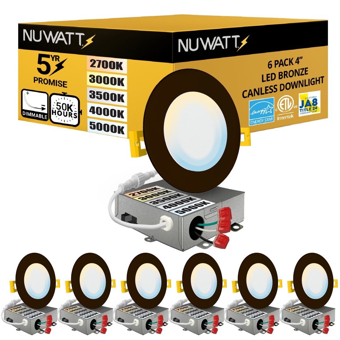 Panel Downlight 4'' Selectable Color Temperature Dimmable Air-Tight IC Rated LED Canless Recessed Lighting Kit (Set of 6) NUWATT 