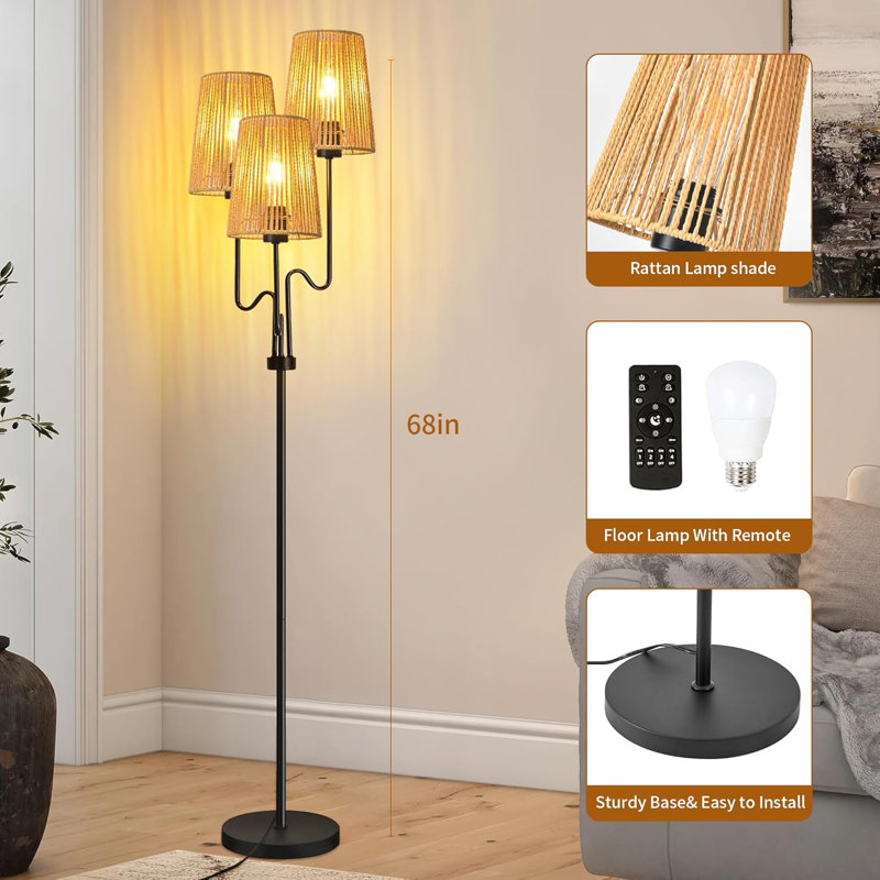Dimmable Rattan Floor Lamp With Remote Control, Adjustable Color Temperature, Rotatable Light Heads For Bedroom, Living Room, And Corner Decor