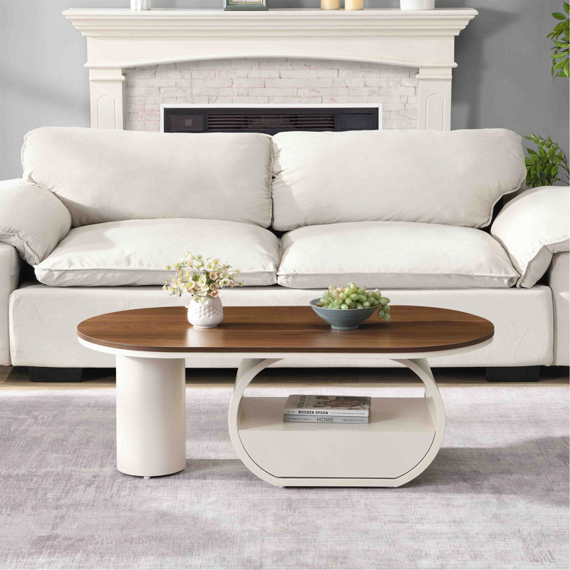 Table basse ovale de luxe, table basse de 47,24 po avec tiroir de rangement, table centrale en métal blanc pour le salon