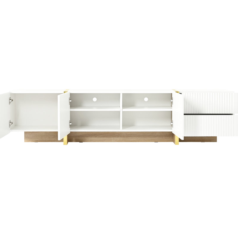 Tv Stand For 80" Tvs, White With Fluted Panels And Golden Legs Console Appearance: Living Room, White, Legs, Storage Options