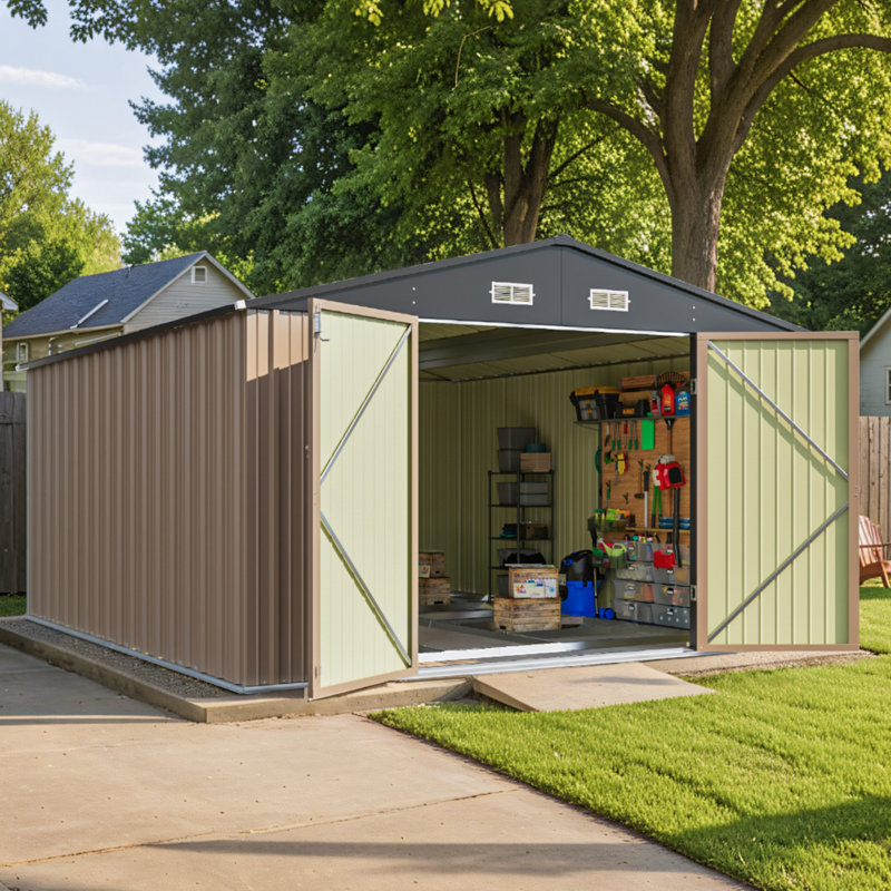 10 Ft. W X 12 Ft. D Outdoor Metal Storage Shed With Frame, Brown