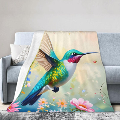 Plaid fleuri à motif colibri, noir et coloré, doux et confortable, élégant et imprimé, idéal pour la décoration de canapé, fauteuil ou voyage, 101,6 x 127 cm