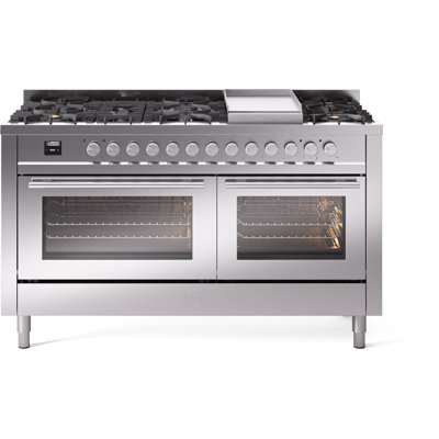 Cuisinière à double combustible ILVE Professional Plus II Series 60 po avec 9 brûleurs scellés et plaque de cuisson (gaz naturel, porte vitrée)