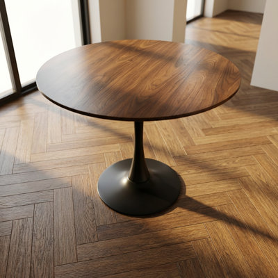 Modern Round Pedestal Dining Table with Walnut Finish and Metal Base, Compact Kitchen Table for Small Spaces, Mid-Century Style Coffee Table for Living Room or Office