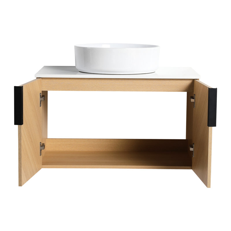 Meuble-lavabo de 30 po avec lavabo d'art en céramique, dalle de pierre artificielle et mécanisme de porte à fermeture en douceur pour un espace moderne à 2 charnières