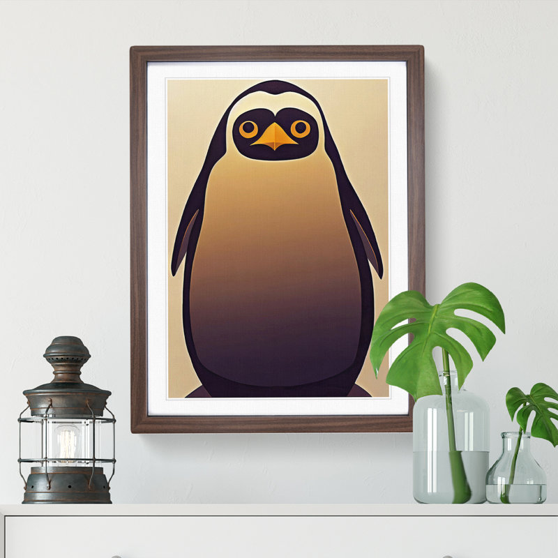 Retro Penguin No.2 - Single Picture Frame Print, Brown Framed, 46cm H x 34cm W x 2cm D