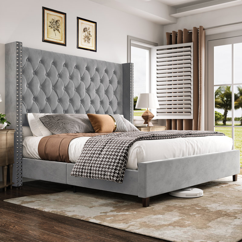Structure de lit avec tête de lit tapissier en velours de 61,4 po de hauteur, Très grand, gris