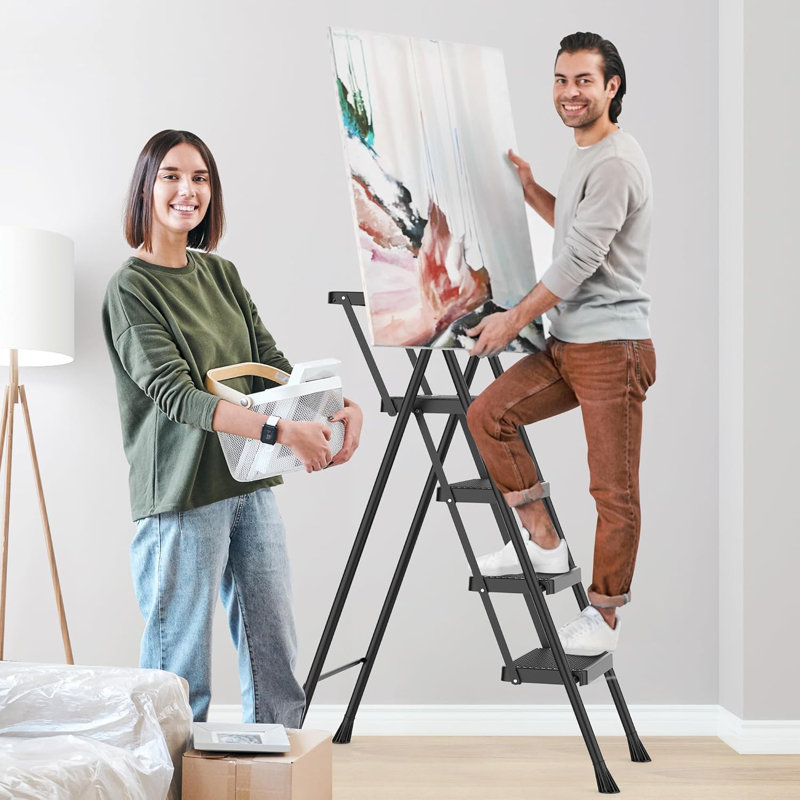 Folding Step Stool With Wide Anti-Slip Pedal, Sturdy Steel Ladder, Convenient Handrail, Lightweight, Portable Steel Step Stool
