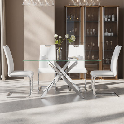 Ensemble de table de salle à manger 51 pouces en verre, ensemble de table de cuisine moderne avec chaise rembourrée en cuir polyuréthane à haut dossier pour la salle à manger de cuisine