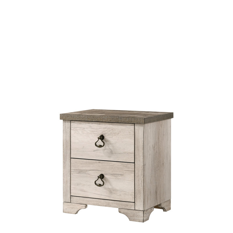 Table de chevet 1Pc à finition brune vieillie, 2 tiroirs, style contemporain, poignée à anneau traditionnelle, finition en bois flotté, plateau vieilli pour chambre à coucher, table de chevet de 23,6 po x 16 po à 25 po de hauteur