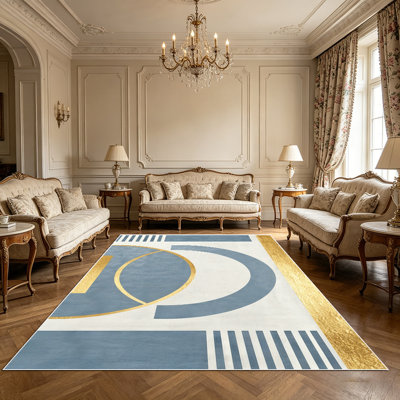 1PC Modern Minimalist Dusty Blue Gold Geometric Abstract area rugs for Living Room, Soft and Comfortable, easy-to-maintain, machine washable Indoor floor mat suitable for dining room, bedroom, entryway, home office, patio, hallway.