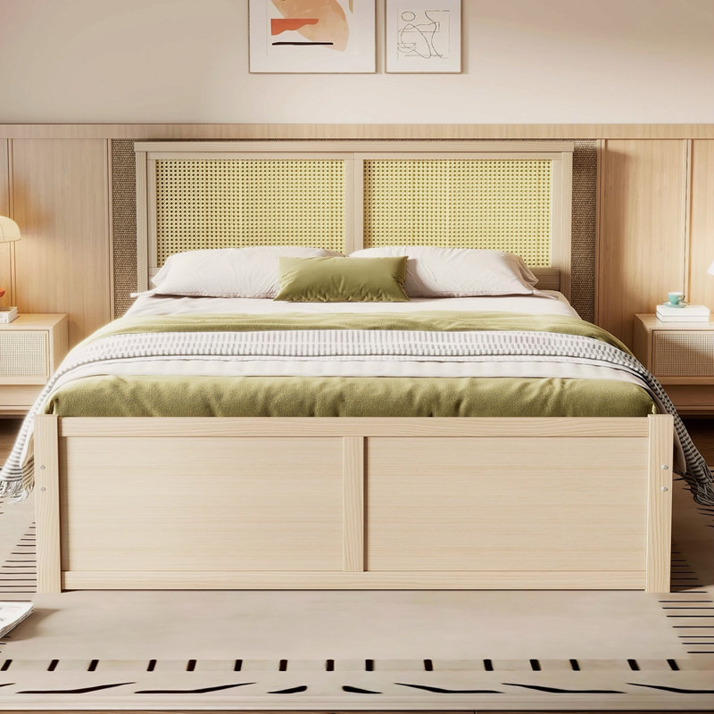 Grand lit plateforme avec rangement en bois avec 4 tiroirs et tête de lit en rotin, Naturel