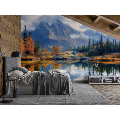 Papier peint d'automne avec reflet des montagnes en automne - lac et arbres, magnifique paysage d'automne, papier peint nature montagne pour un intérieur douillet