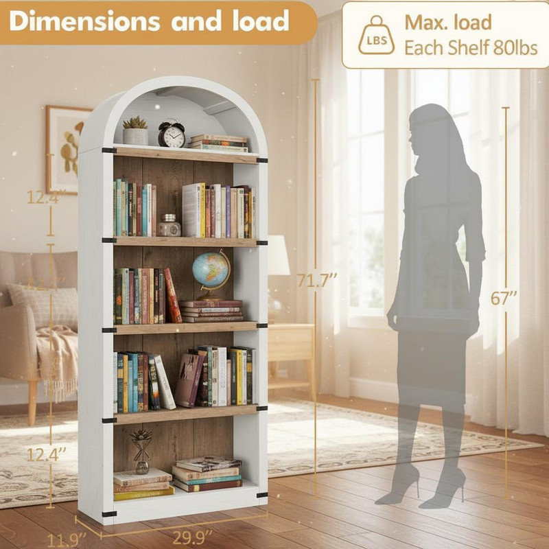 Bookcase 5 Shelf Arched Bookshelf 71.65in Tall Bookcase Farmhouse Display Storage Rack Wooden Bookshelves for Home Office, Living Room