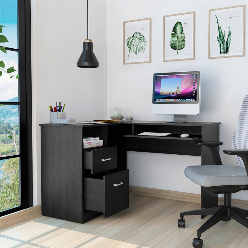 Bureau en L Bradford, tablette à clavier, finition noire, Noir