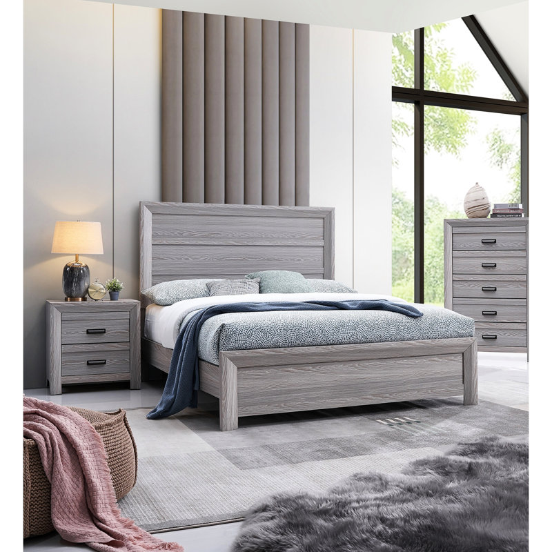 Mobilier de chambre rustique en bois, lit avec tête de lit solide de style contemporain, Gris, Grand lit