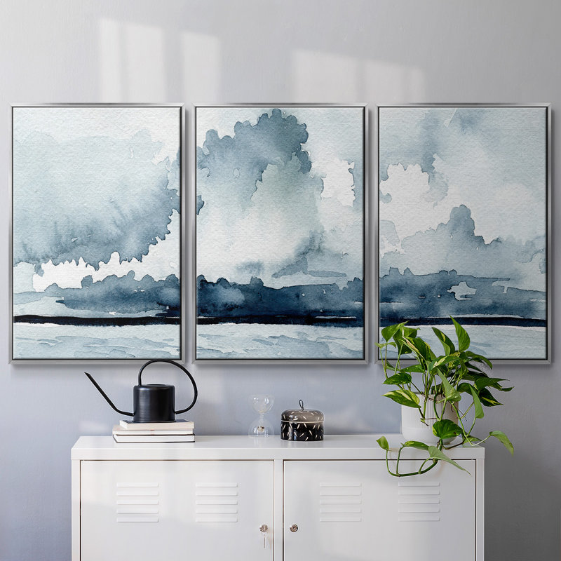 «Passing Rain Storm I» - Toile encadrée à pièces multiples_2740605C, Encadrement argenté, H 24 po x l 48 po x P 2 po