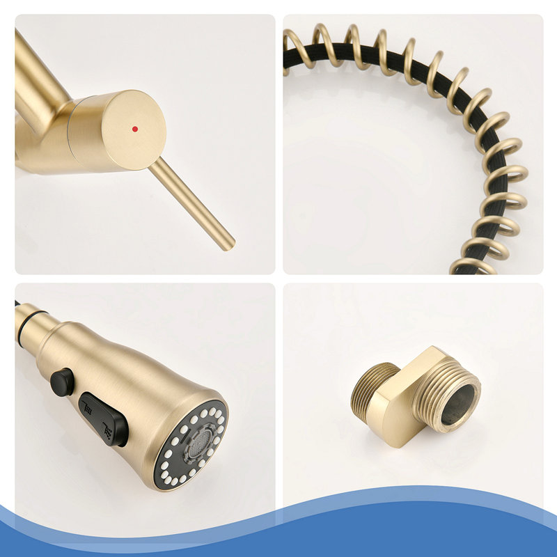 3 Functions Wall Mounted Bridge Kitchen Faucet, 1.8GPM, Brushed Gold