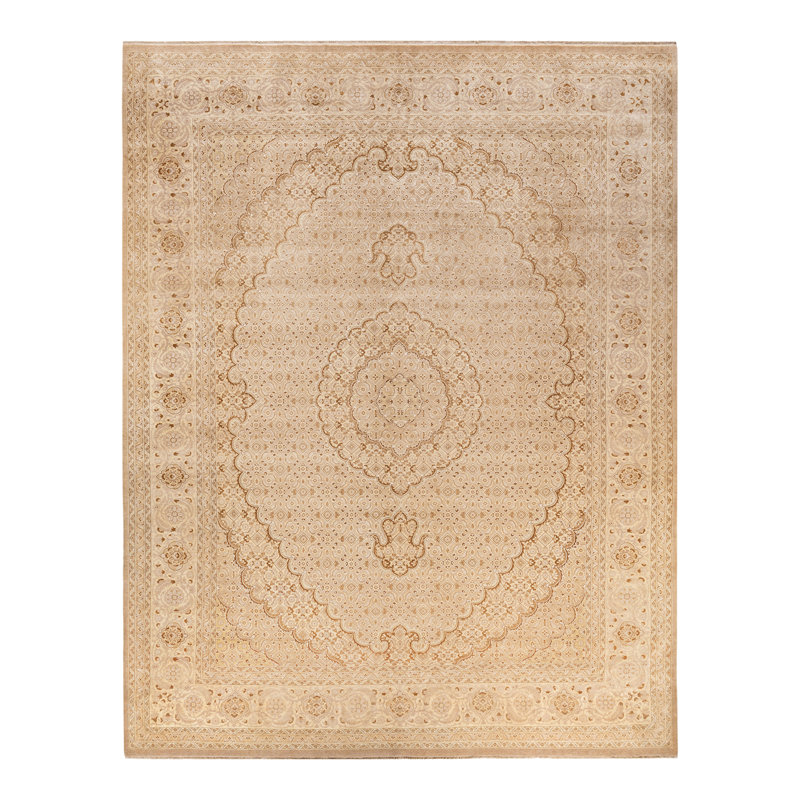 Tapis beige / brun / blanc noué à la main de conception unique 9 pi x 12 pi 1 po Hayner