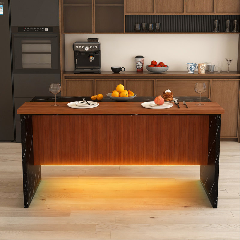 63" Modern Kitchen Island With Marble-Look Surface, LED Lights & Grille Design For Dining Room, Living Room(Island Only)