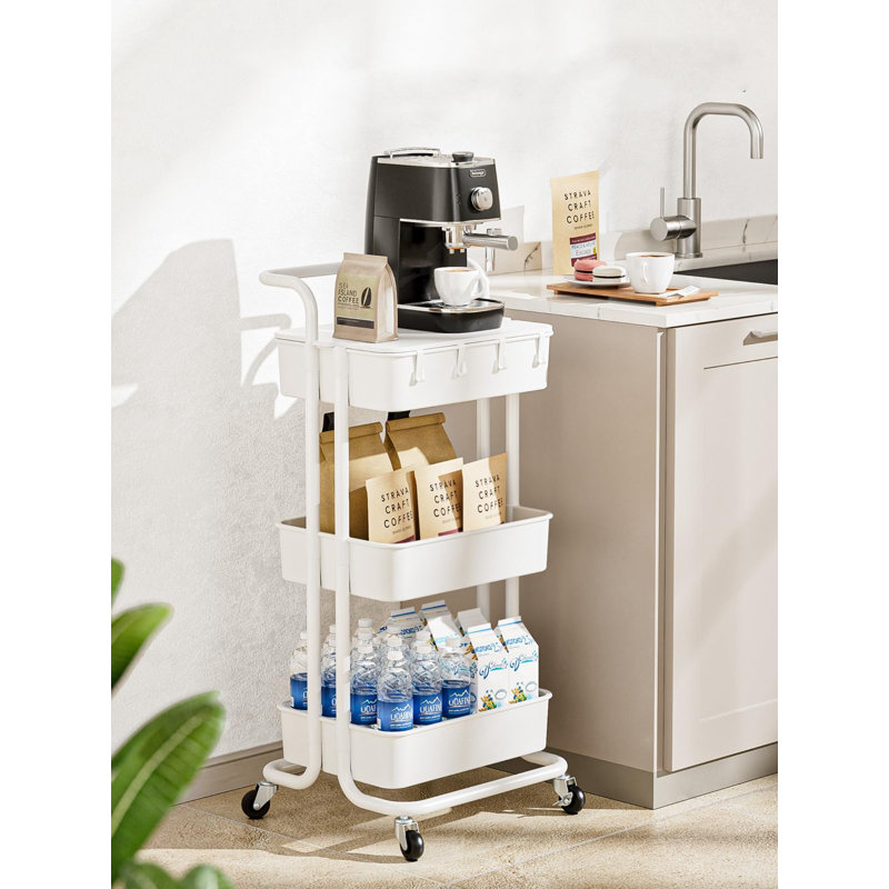 White 3-Tier Rolling Utility Cart with Table Top and Hooks