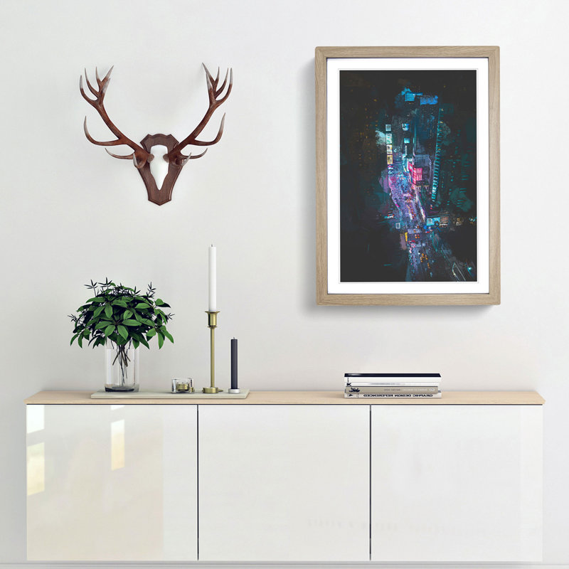 Looking at Times Square in New York in Abstract - Picture Frame Graphic Art Print, Oak, 76cm H x 50cm W x 2cm D