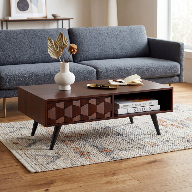 Table basse à 4 pieds en bois massif avec rangement Georgina, Noyer
