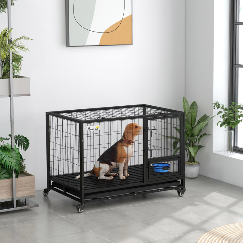 Heavy Duty Dog Crate With Bowl Holder, Strong Steel Dog Crate With Wheels
