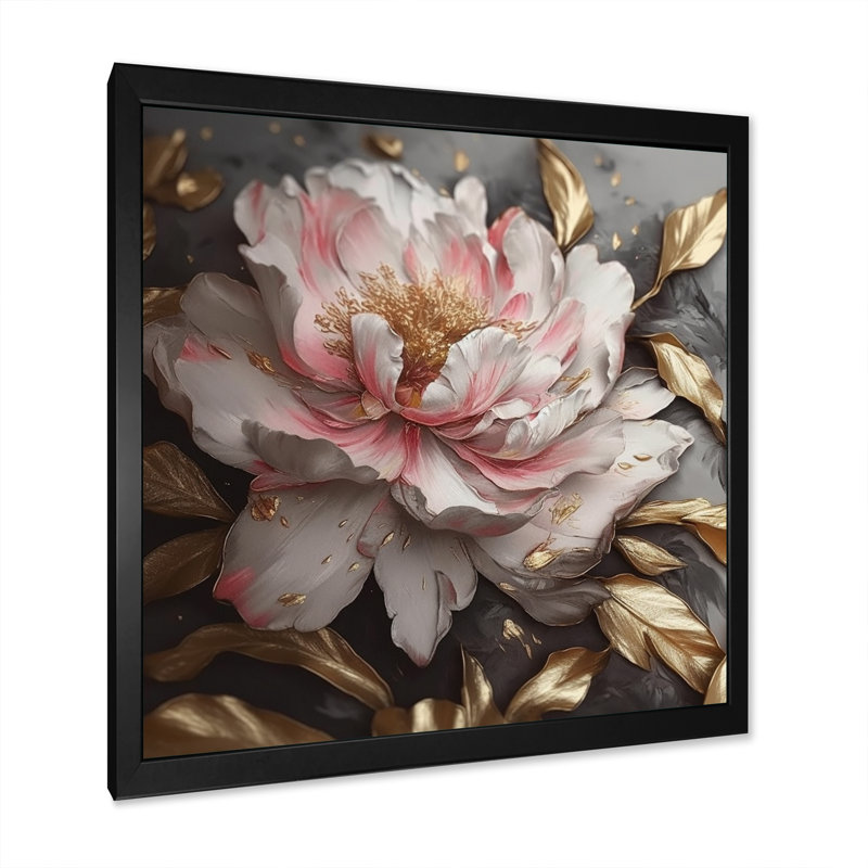 Décoration murale pivoines roses et grises en fleurs IV - pivoines florales, Cadre photo noir, H 16 po x l 16 po