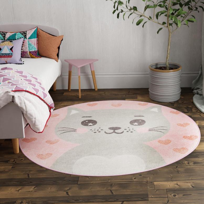 Whimsy Meow Baby Pink/Gray Kid Rug, Round 5'3"