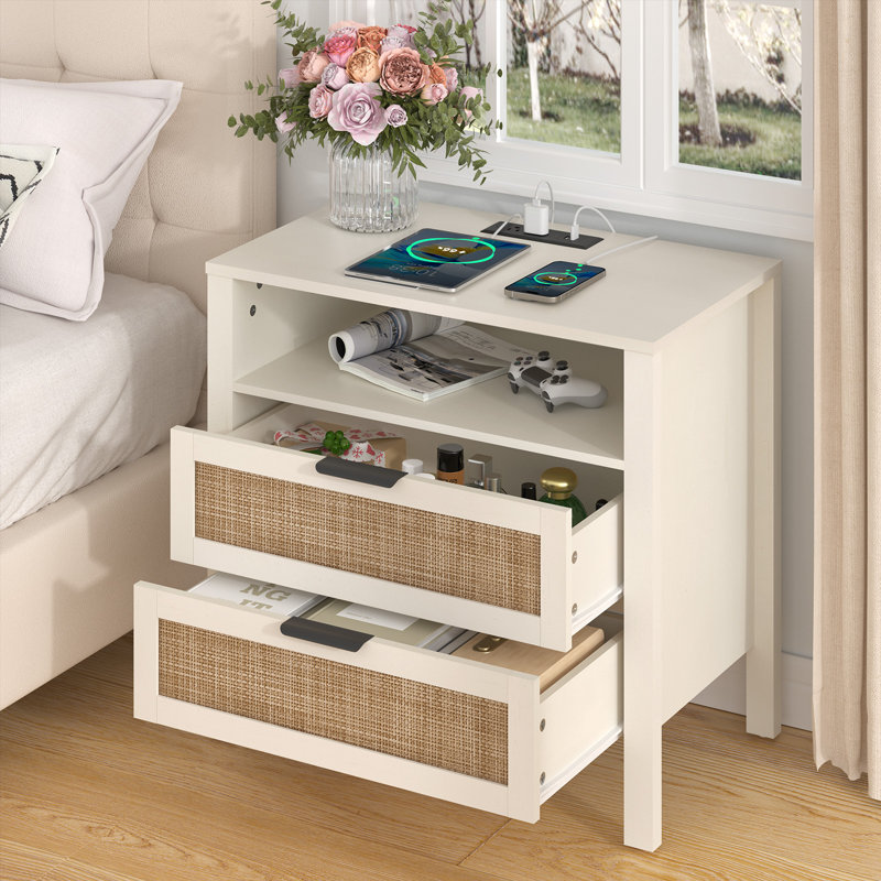 Table de chevet 2 tiroirs Boho, Blanc/naturel
