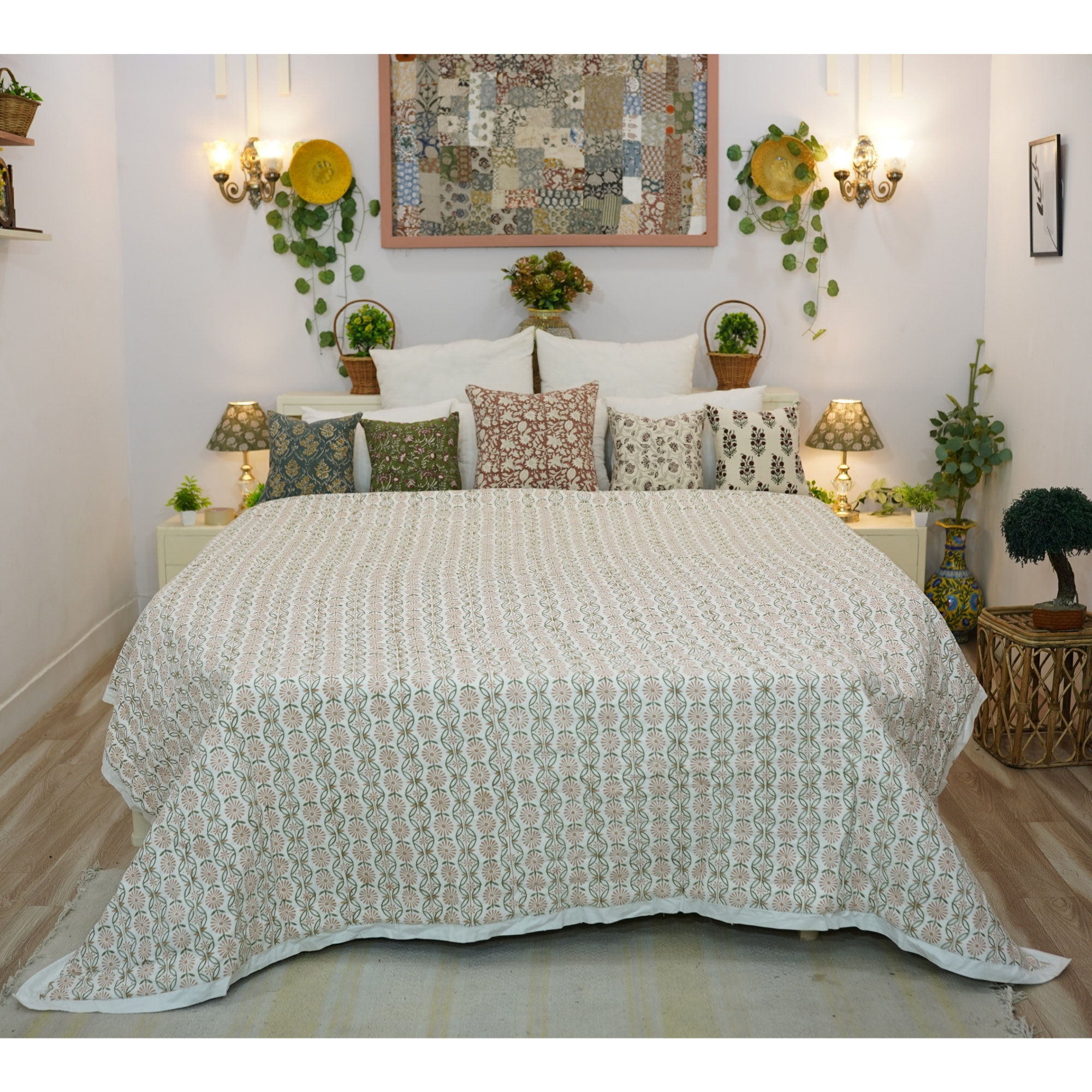Fabdivine Luxury Block Print Cotton Quilt Floral Boho Bedding for Bedroom & Sofa, Twin, Green/Gray
