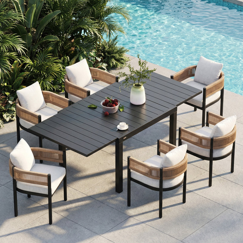 Ensemble de salle à manger 7 pièces en osier avec table extensible en acier, Coussin blanc / structure naturelle