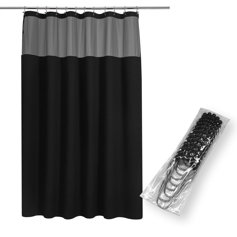 Rideau de douche Waffle Weave avec doublure à encliqueter, 12 crochets inclus, Noir, H 84 po x l 71 po