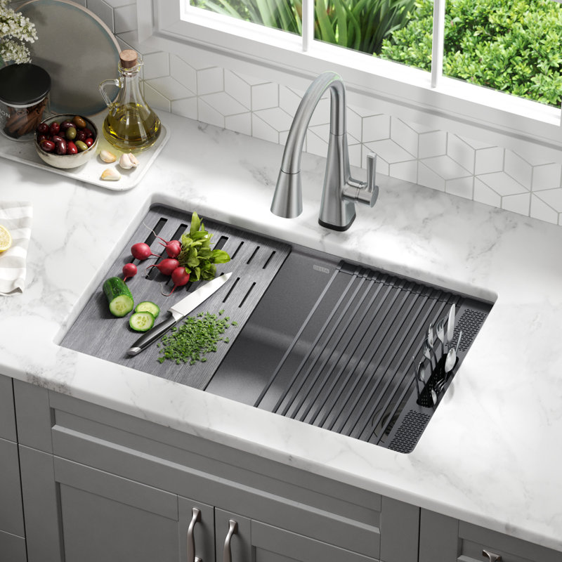 Dark Gray Granite Composite Workstation Kitchen Sink with Workflow Ledge