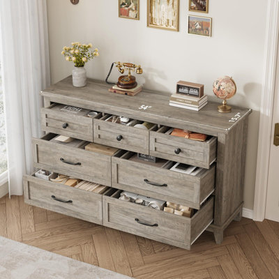 Commode 7 tiroirs, coffre de rangement en bois de 54 po de largeur pour la chambre à coucher, le salon et le vestibule