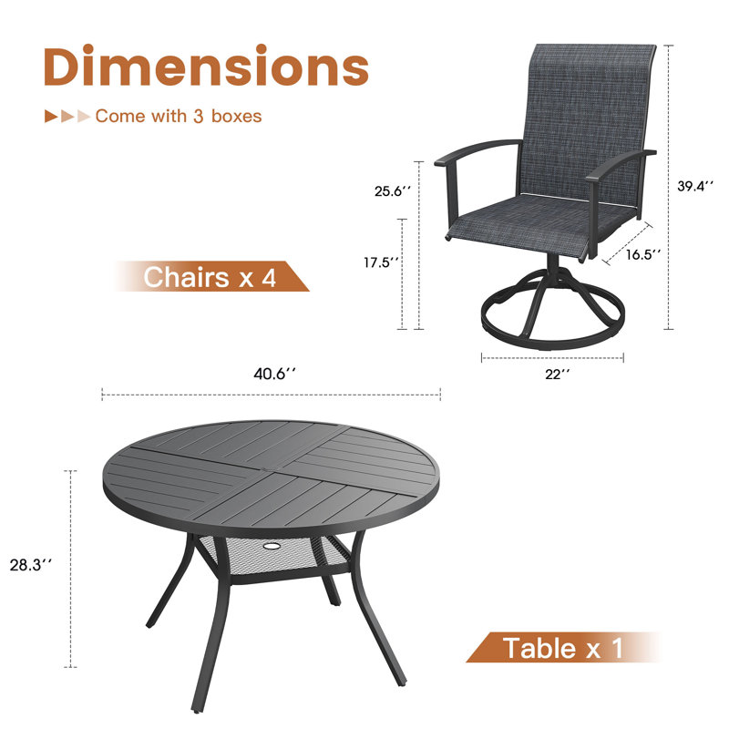 4-Person Patio Swivel Dining Set with 40.6" Round Dining Table and 4 Swivel Dining Chairs, Dark Gray/Black