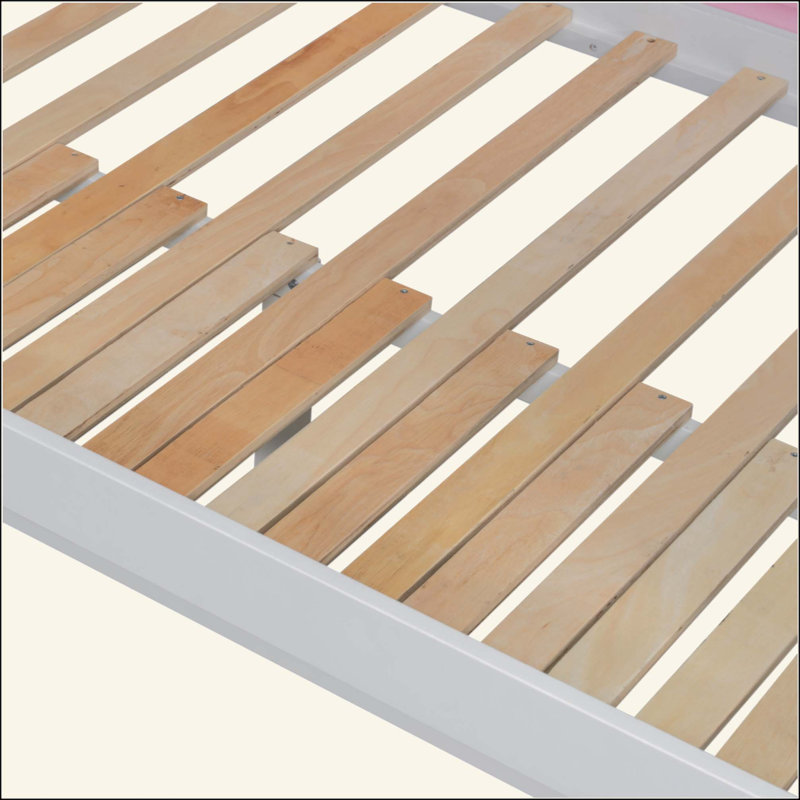 Lit superposé en bois en forme de maison avec glissade et escalier de rangement, cadre de lit pour enfants, White+Pink
