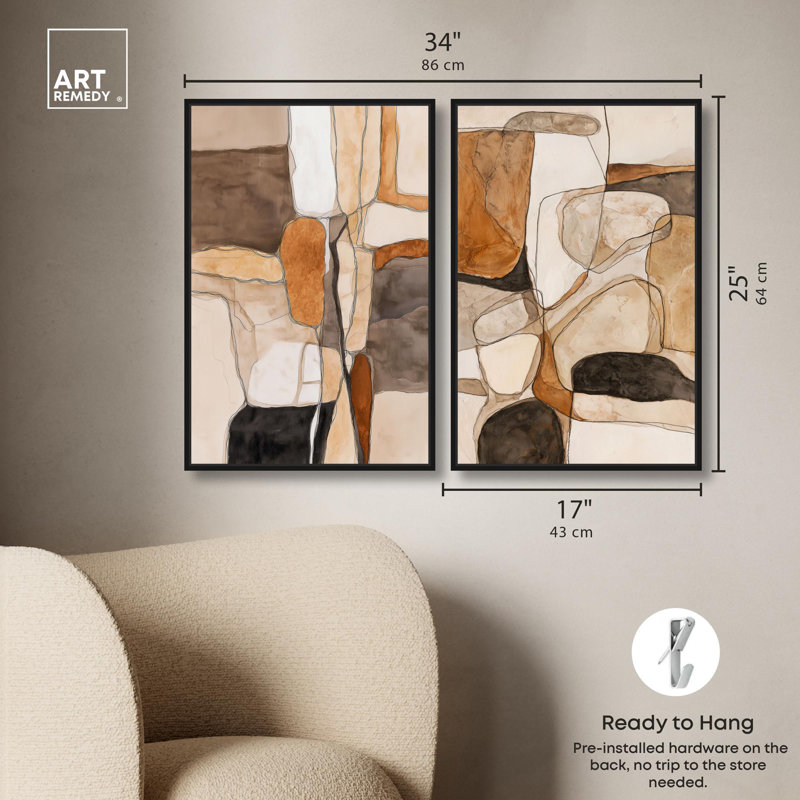 Quarry Wall Abstract Set Canvas Print Boho Gold Wall Decor Set by Art Remedy, Black Frame, 10 x 15, H 25 po x l 17 po