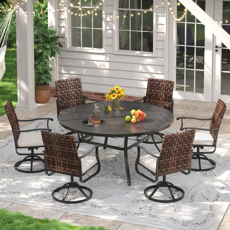 6-Person Outdoor Patio Dining Set With Wicker Swivel Chair, Black