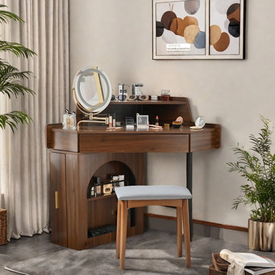 Cohasset Walnut Cornor Makeup Vanity Set With Upholstered Chair, Vintage Vanity Desk With 360° Rotating Hd Mirror, Touch-control Led Lighting